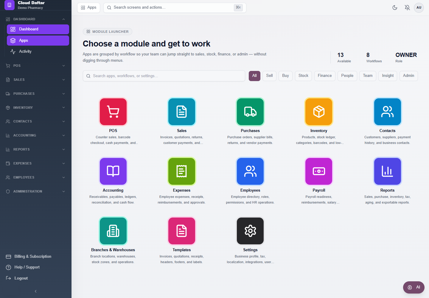 Cloud-Daftar apps and modules preview