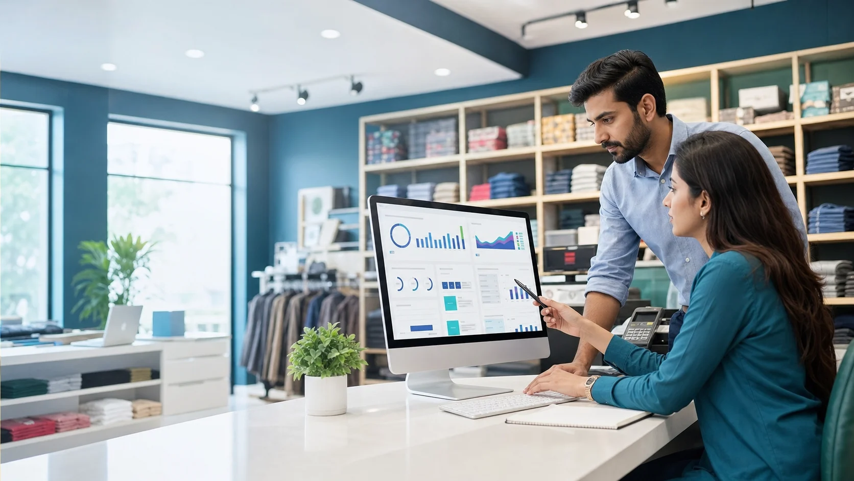 Retail operators reviewing business analytics in a modern store office