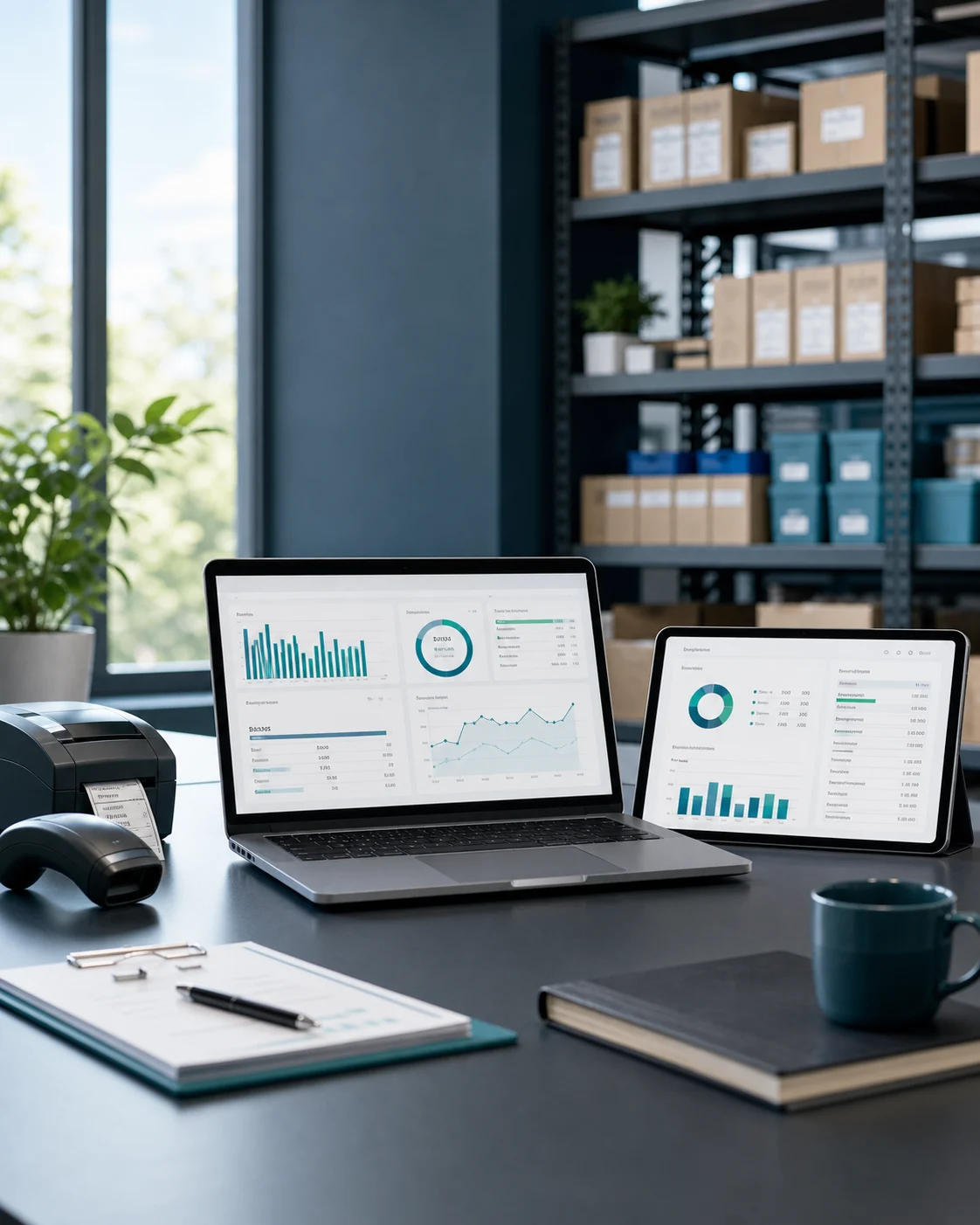 Business operations workspace with inventory and analytics devices